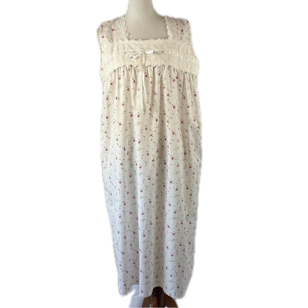 The 1 for U Cotton Long Floral Nightgown Sz XL Lace Ribbon Cottage Prairie Farm